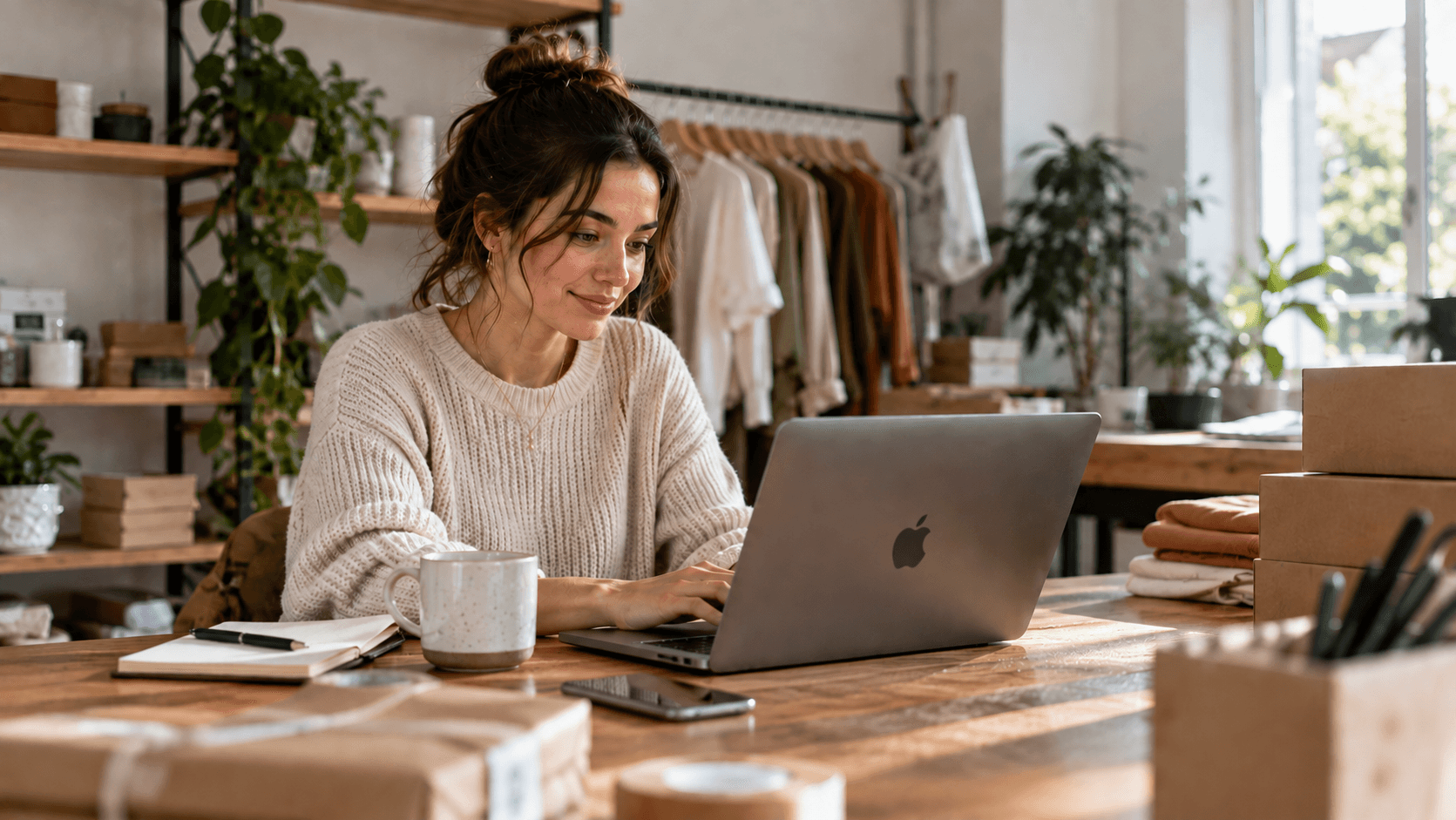 An entrepreneurial woman setting up her new Shopify store on her laptop